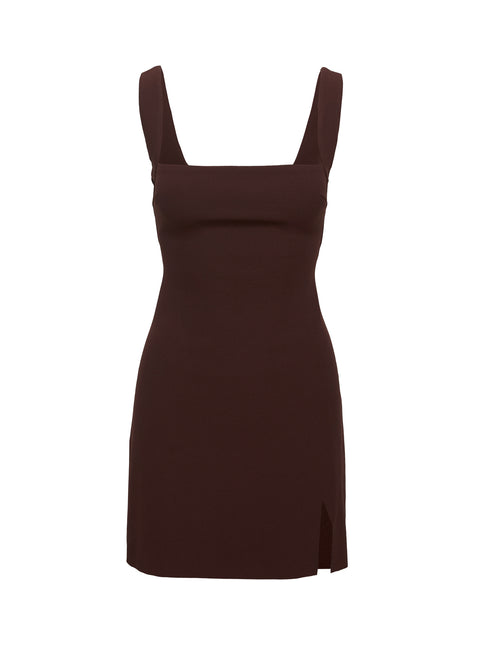 side view of model wearing Princess Polly Bombshell Mini Dress Chocolate Square Neck 