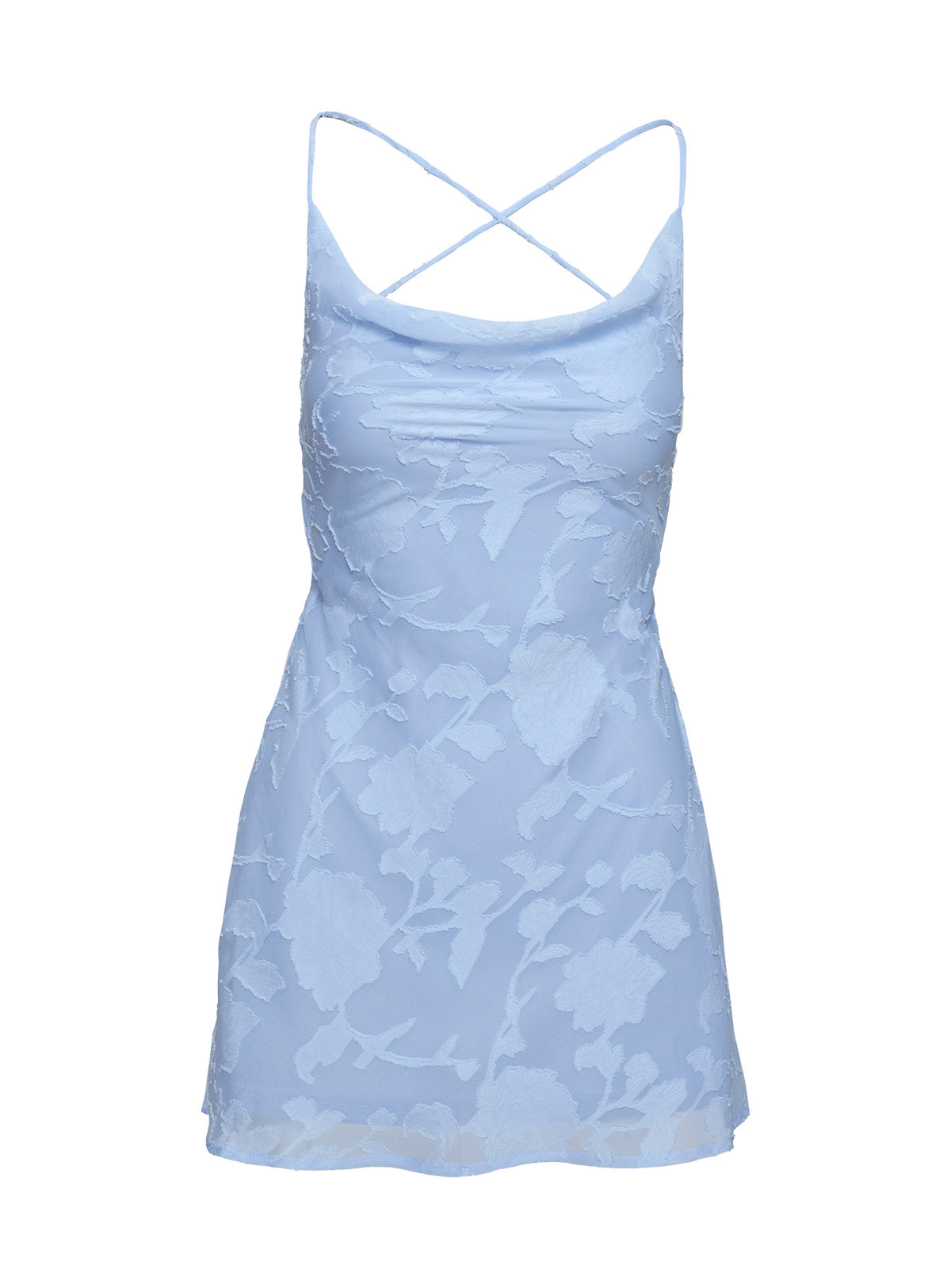 back view of model wearing Princess Polly Celena Mini Dress Light Blue Cowl Neck 