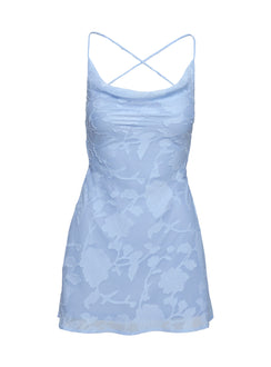back view of model wearing Princess Polly Celena Mini Dress Light Blue Petite Cowl Neck 