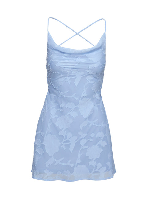 back view of model wearing Princess Polly Celena Mini Dress Light Blue Petite Cowl Neck 