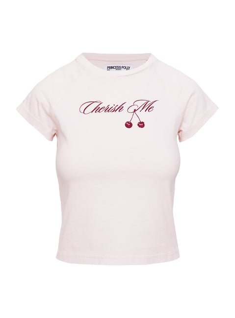side view of model wearing Princess Polly Cherish Me Graphic Top Pink Short Sleeves Crew Neck 