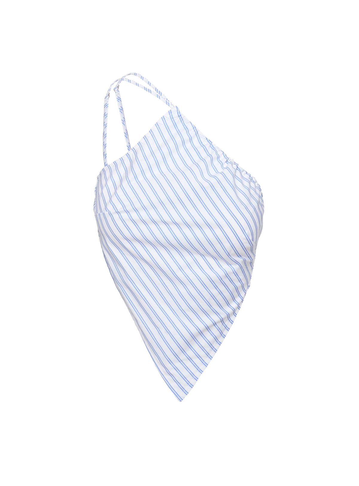 back view of model wearing Princess Polly Collied Asymmetric Top Blue / White Stripe Sleeveless Asymmetric Neckline 