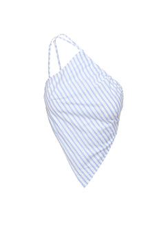 back view of model wearing Princess Polly Collied Asymmetric Top Blue / White Stripe Sleeveless Asymmetric Neckline 