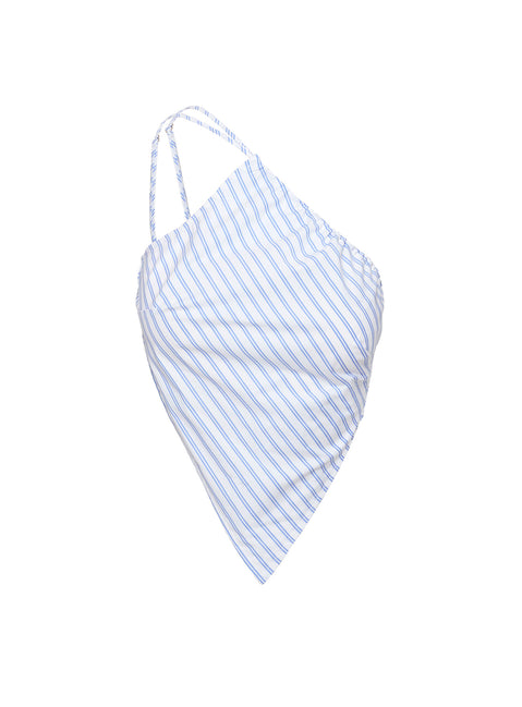 back view of model wearing Princess Polly Collied Asymmetric Top Blue / White Stripe Sleeveless Asymmetric Neckline 
