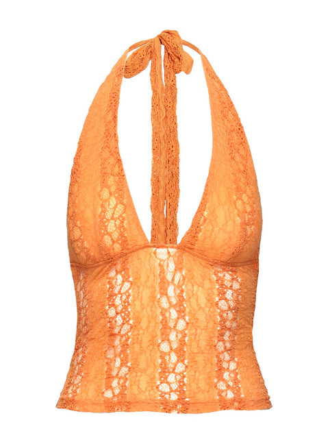 back view of model wearing Princess Polly Cruizer Halter Top Orange Sleeveless Plunger 