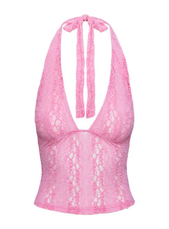 side view of model wearing Princess Polly Cruizer Halter Top Pink Sleeveless Plunger 