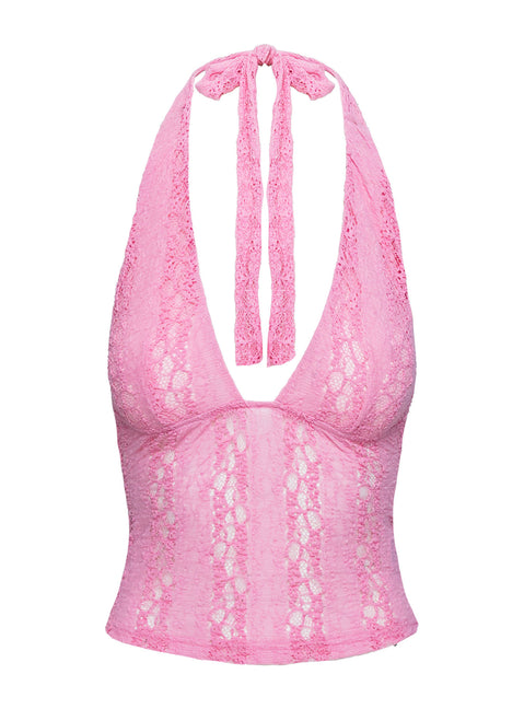 side view of model wearing Princess Polly Cruizer Halter Top Pink Sleeveless Plunger 