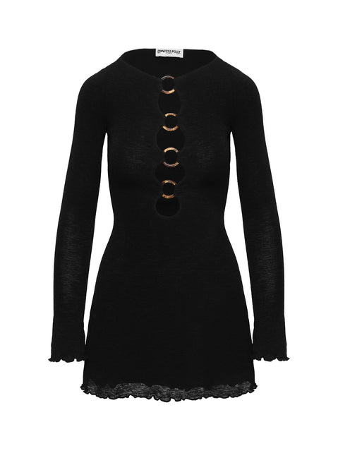 back view of model wearing Princess Polly Dejonge Ring Mini Dress Black Petite Crew Neck 