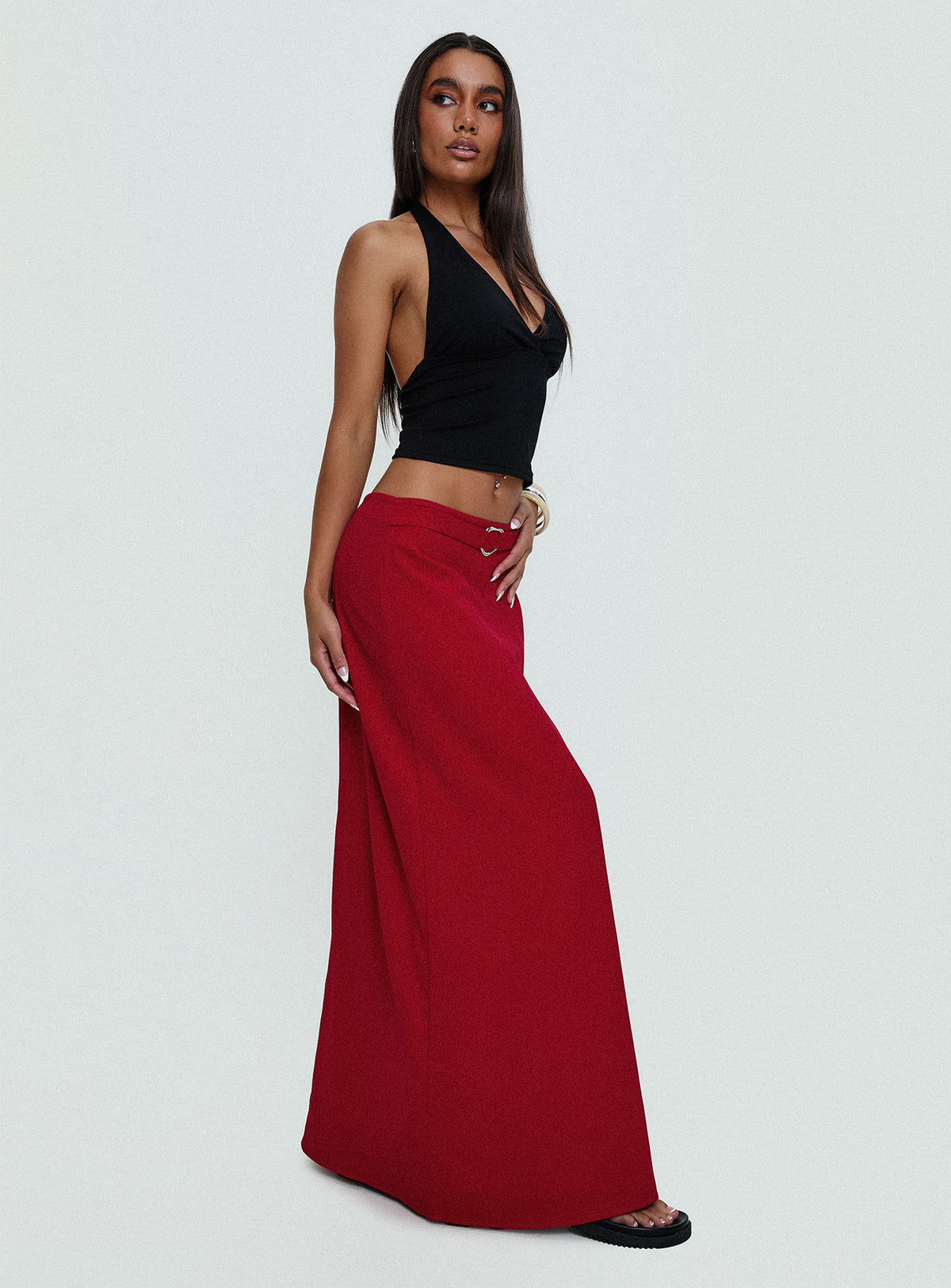 back view of model wearing Princess Polly Devoted Maxi Skirt Red Maxi Skirts Skirts 