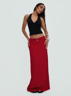   side view of model wearing Princess Polly Devoted Maxi Skirt Red Maxi Skirts Skirts 