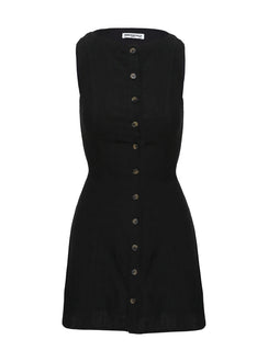 back view of model wearing Princess Polly Dollie Linen Mini Dress Black High Neck 