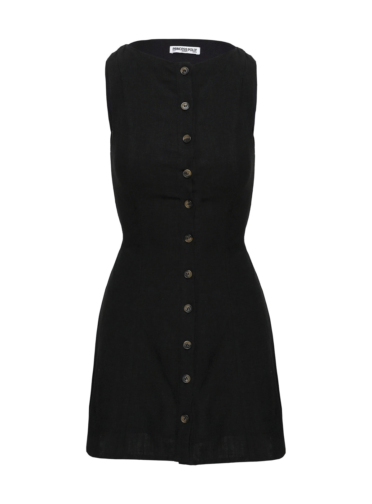 back view of model wearing Princess Polly Dollie Linen Mini Dress Black Petite Crew Neck 