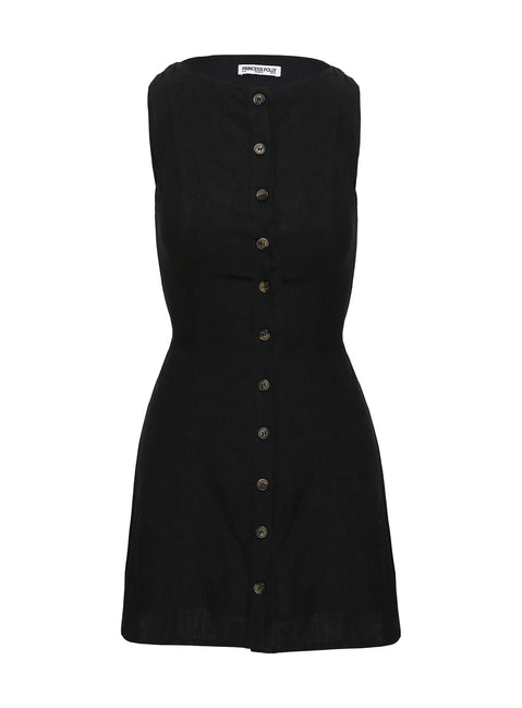 back view of model wearing Princess Polly Dollie Linen Mini Dress Black Petite Crew Neck 