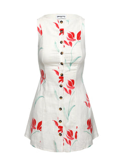 back view of model wearing Princess Polly Dollie Linen Mini Dress Floral High Neck 