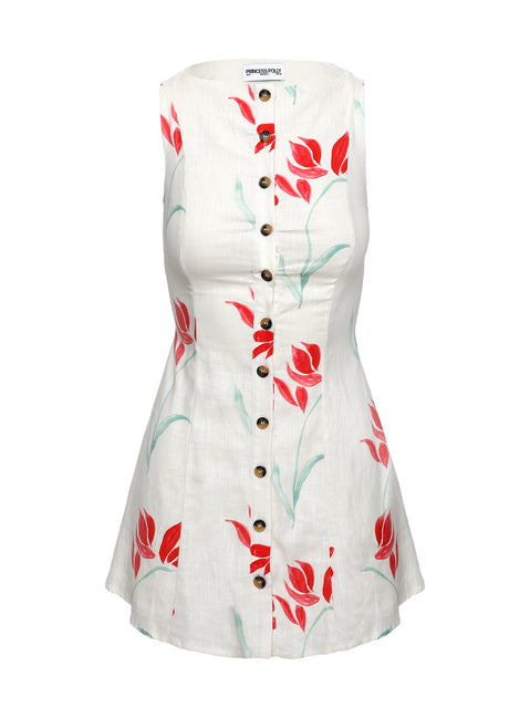 back view of model wearing Princess Polly Dollie Linen Mini Dress Floral High Neck 
