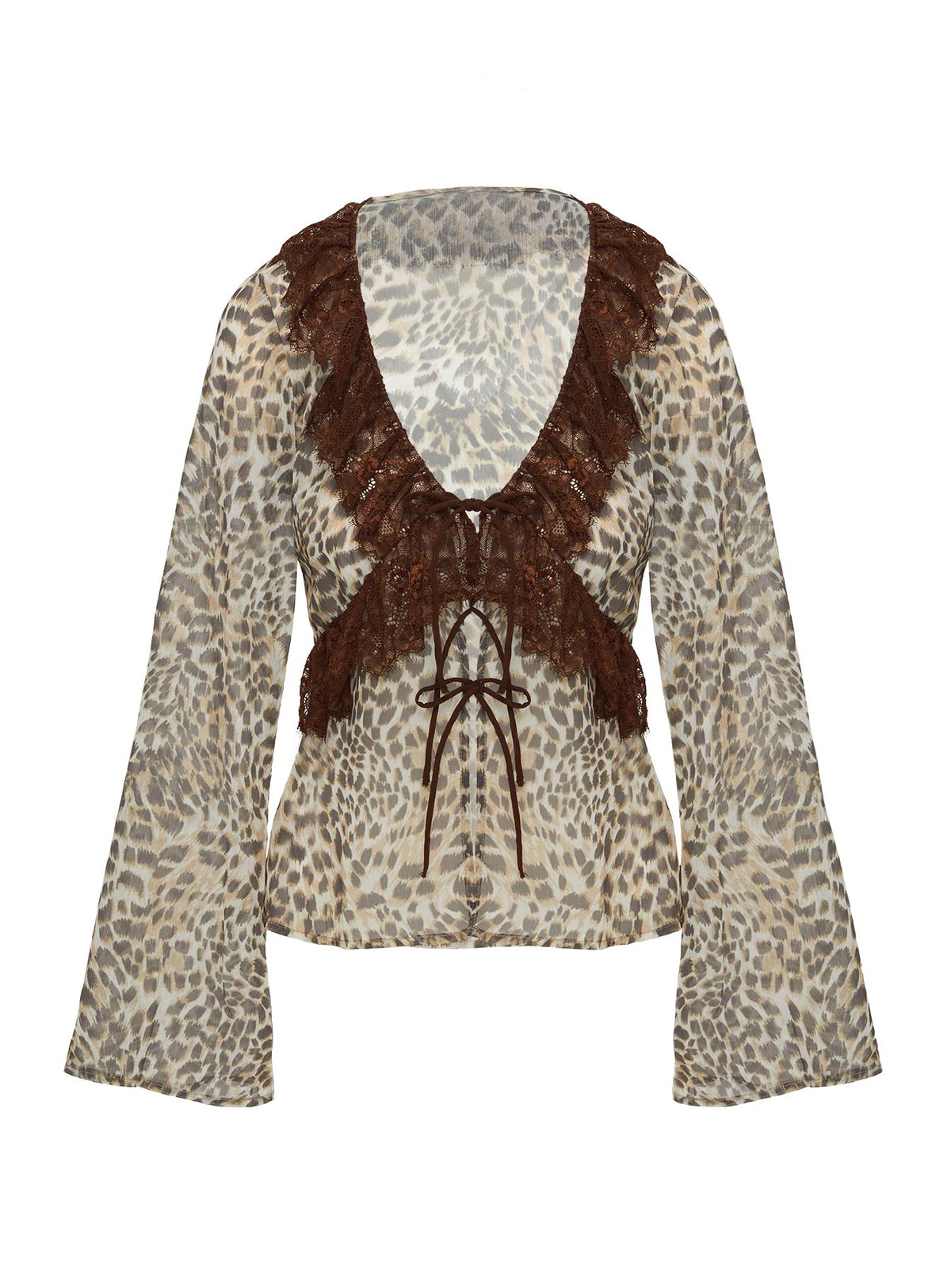 side view of model wearing Princess Polly Domanic Frill Top Leopard Full Sleeves Plunger 
