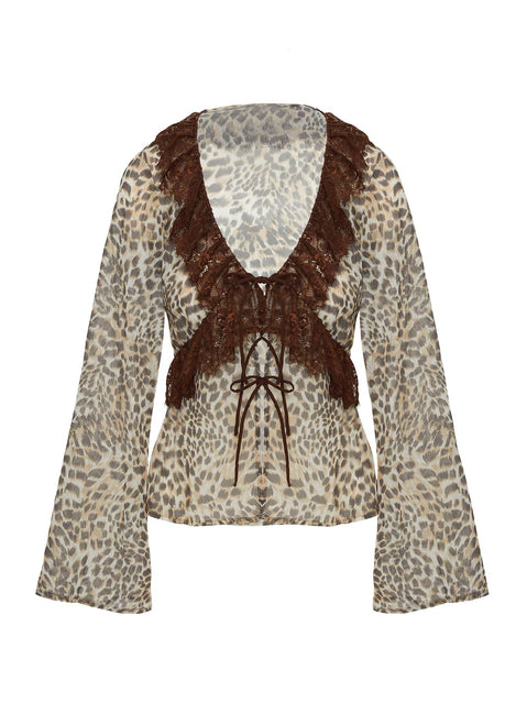 side view of model wearing Princess Polly Domanic Frill Top Leopard Full Sleeves Plunger 