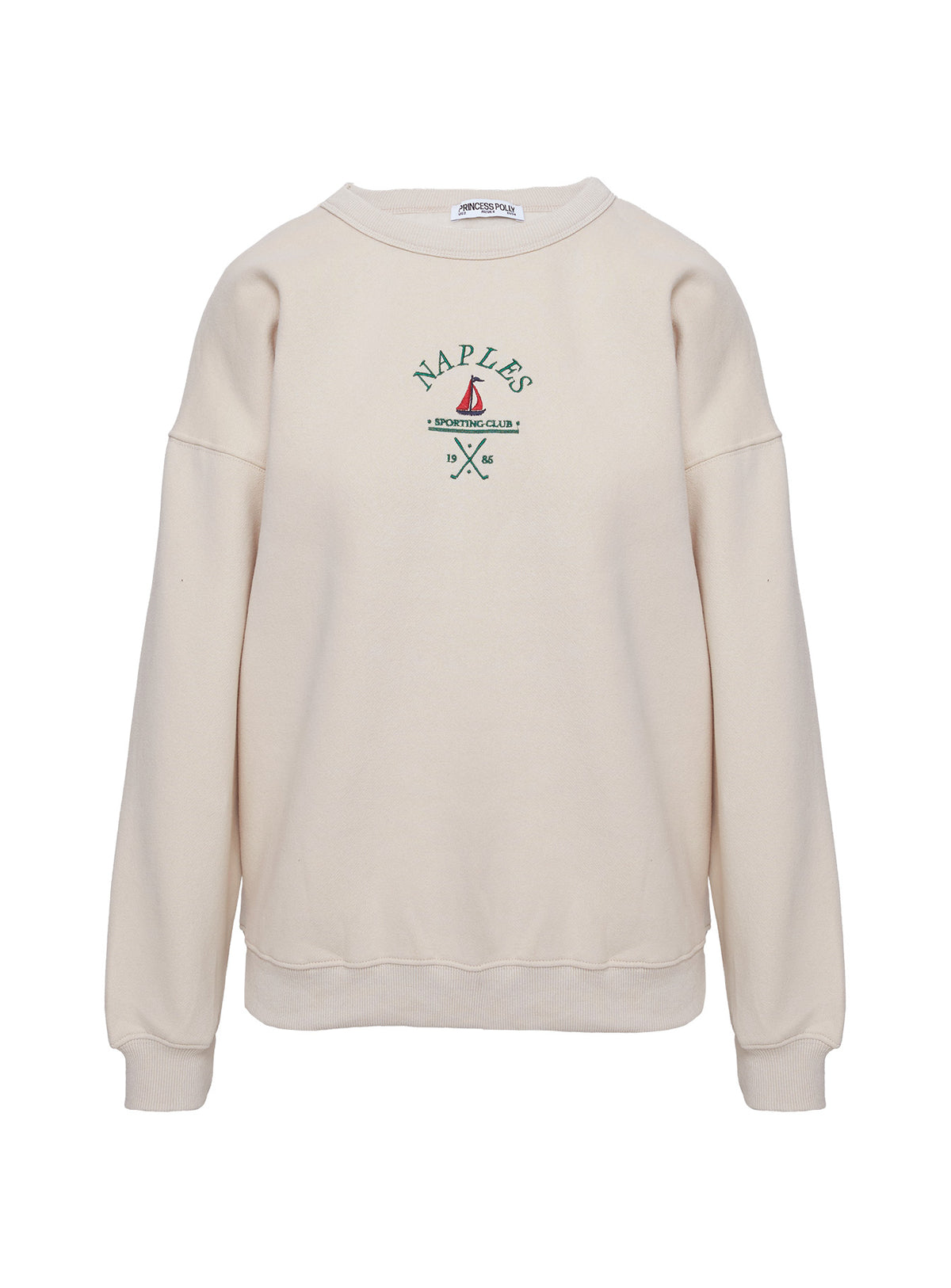 front view of model wearing Princess Polly Dream Fleece Classic Crewneck Sweater Beige Jumpers 
