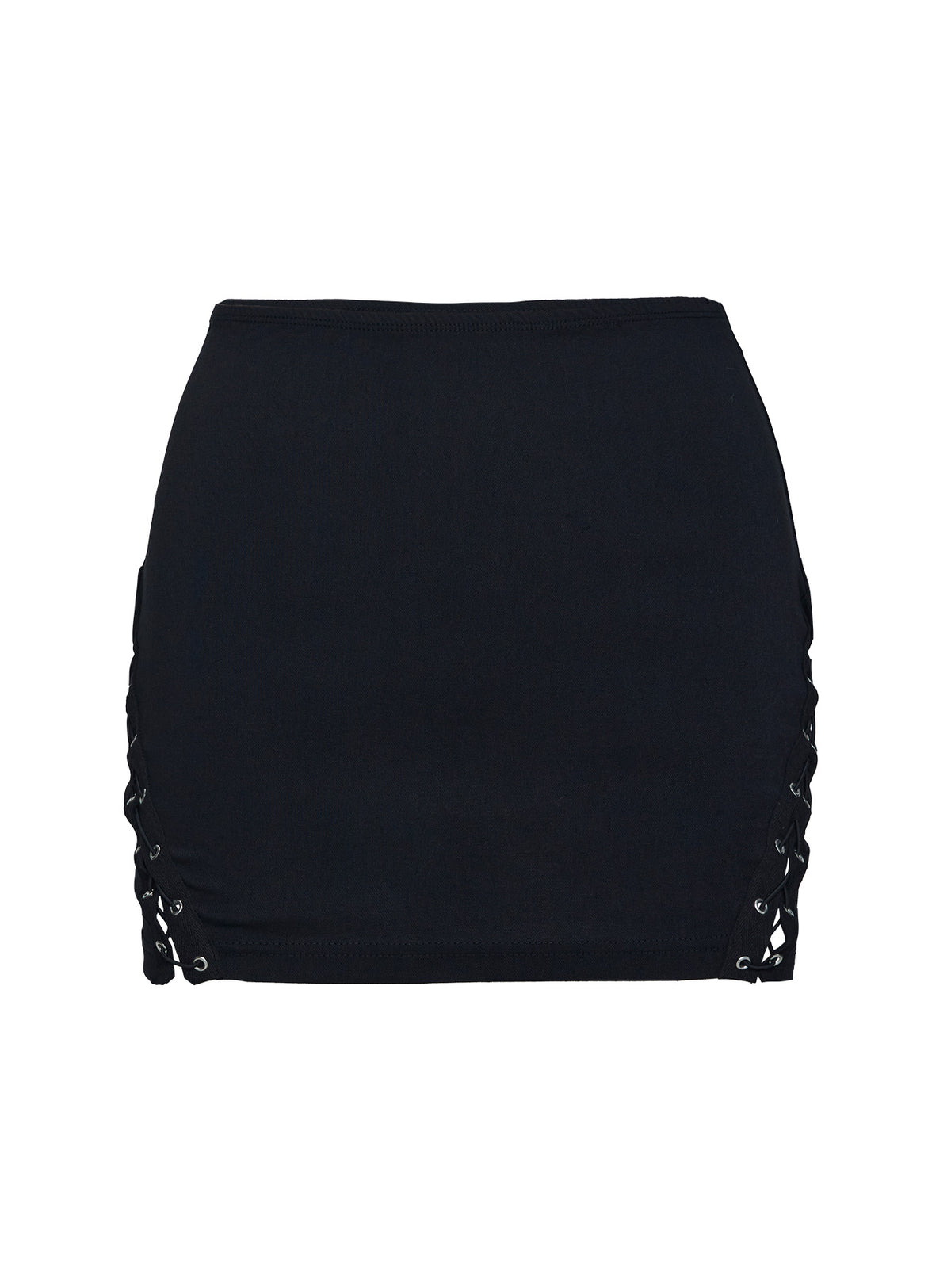 back view of model wearing Princess Polly Dupont Mini Skirt Black Mini Skirts Skirts 