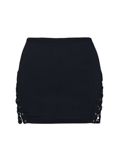 back view of model wearing Princess Polly Dupont Mini Skirt Black Mini Skirts Skirts 