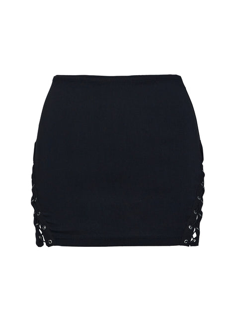 back view of model wearing Princess Polly Dupont Mini Skirt Black Mini Skirts Skirts 