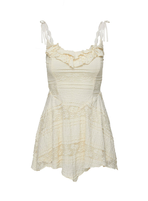 back view of model wearing Princess Polly Dwyer Mini Dress Cream Sweetheart Neckline 