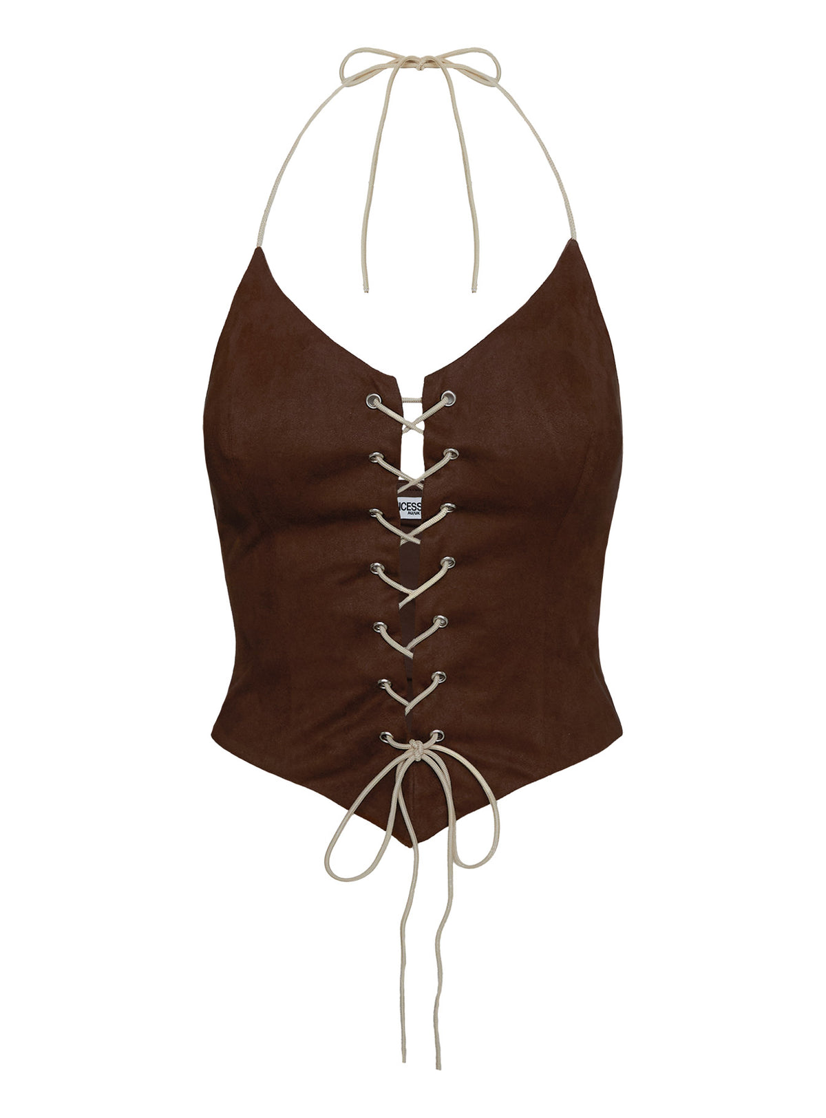back view of model wearing Princess Polly Dawn To Dusk Faux Suede Top Brown Sleeveless Plunger 