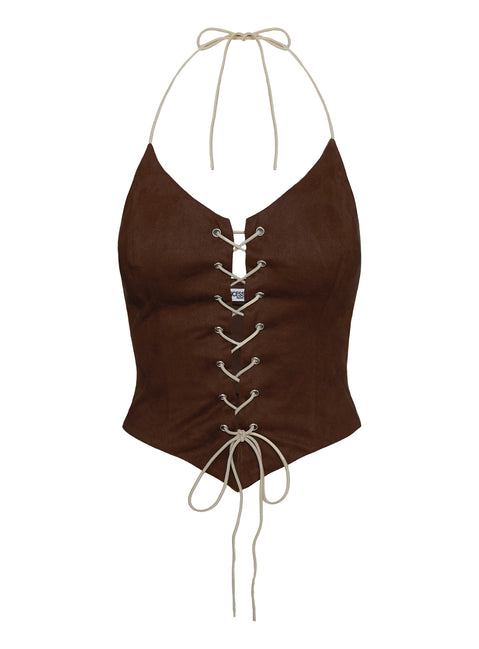 back view of model wearing Princess Polly Dawn To Dusk Faux Suede Top Brown Sleeveless Plunger 