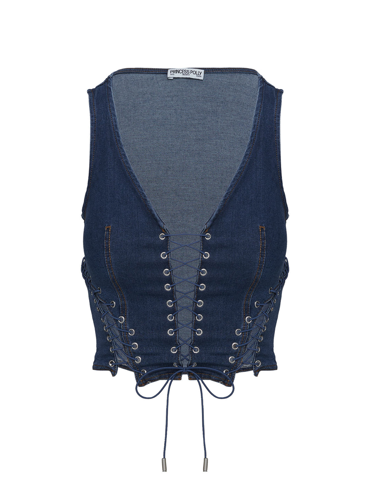 side view of model wearing Princess Polly Edenette Top Mid Blue Wash Sleeveless Plunger 