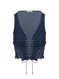 side view of model wearing Princess Polly Edenette Top Mid Blue Wash Sleeveless Plunger 