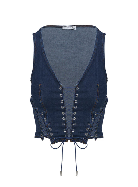 side view of model wearing Princess Polly Edenette Top Mid Blue Wash Sleeveless Plunger 