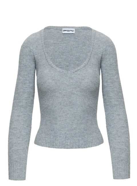 back view of model wearing Princess Polly Elayna Sweater Grey Marle Cropped Jumpers Jumpers 