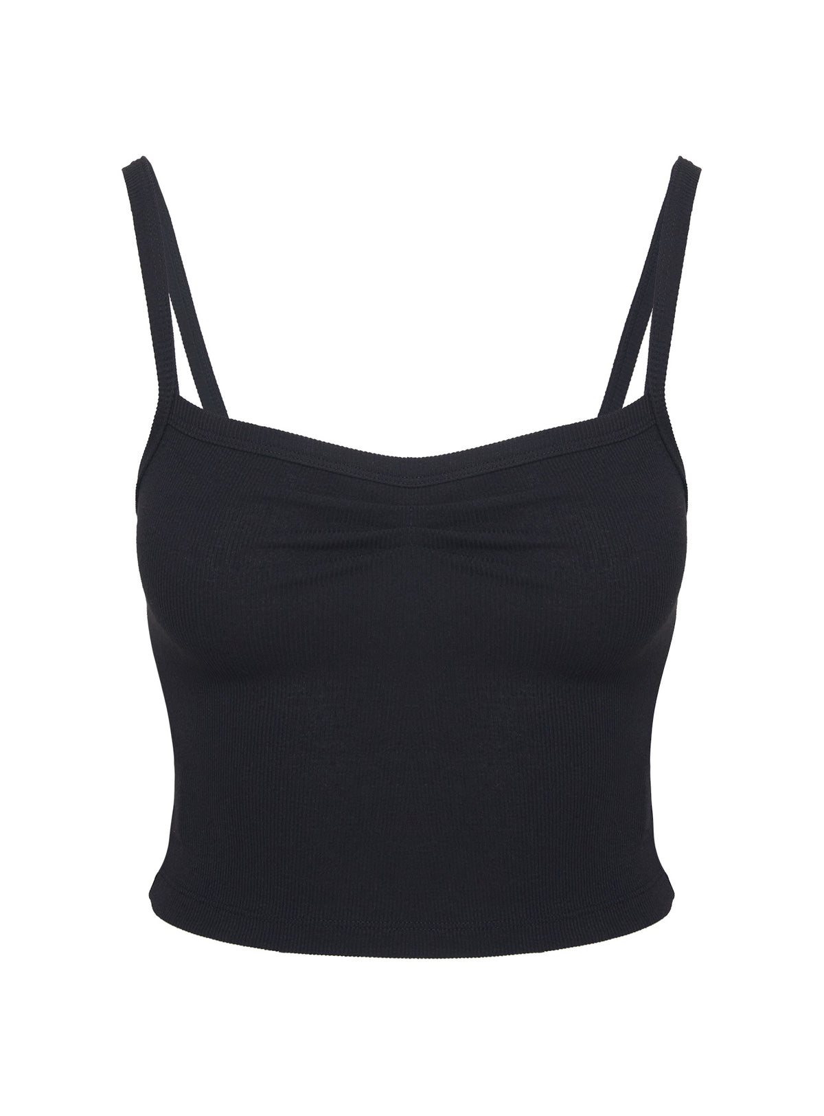 back view of model wearing Princess Polly Essentials Ruched Rib Cami Top Black Sleeveless Sweetheart 
