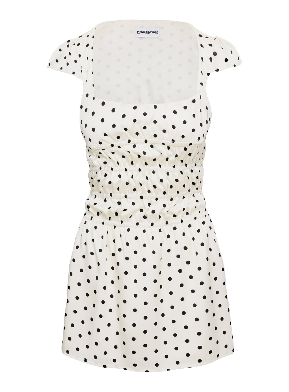 back view of model wearing Princess Polly Evangelie Ruched Mini Dress White Polka Square Neck 
