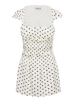 back view of model wearing Princess Polly Evangelie Ruched Mini Dress White Polka Square Neck 