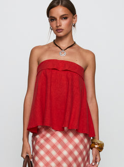 side view of model wearing Princess Polly Ethel Strapless Linen Top Red Sleeveless straight 