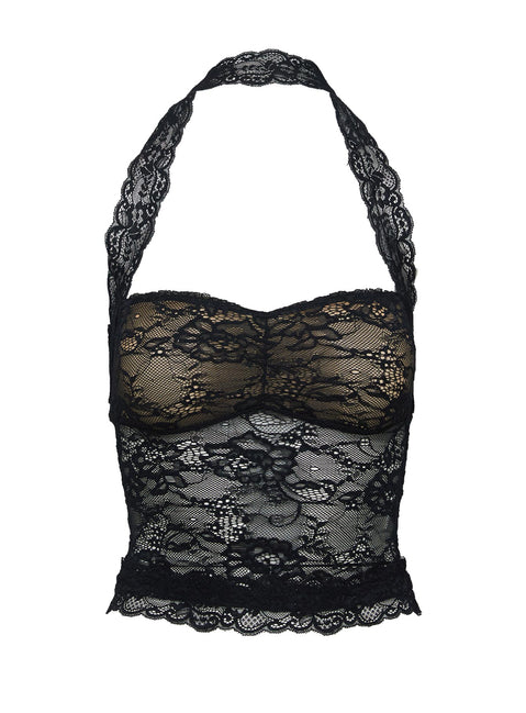 back view of model wearing Princess Polly Fantasize Lace Halter Top Black Petite Sleeveless Sweetheart 