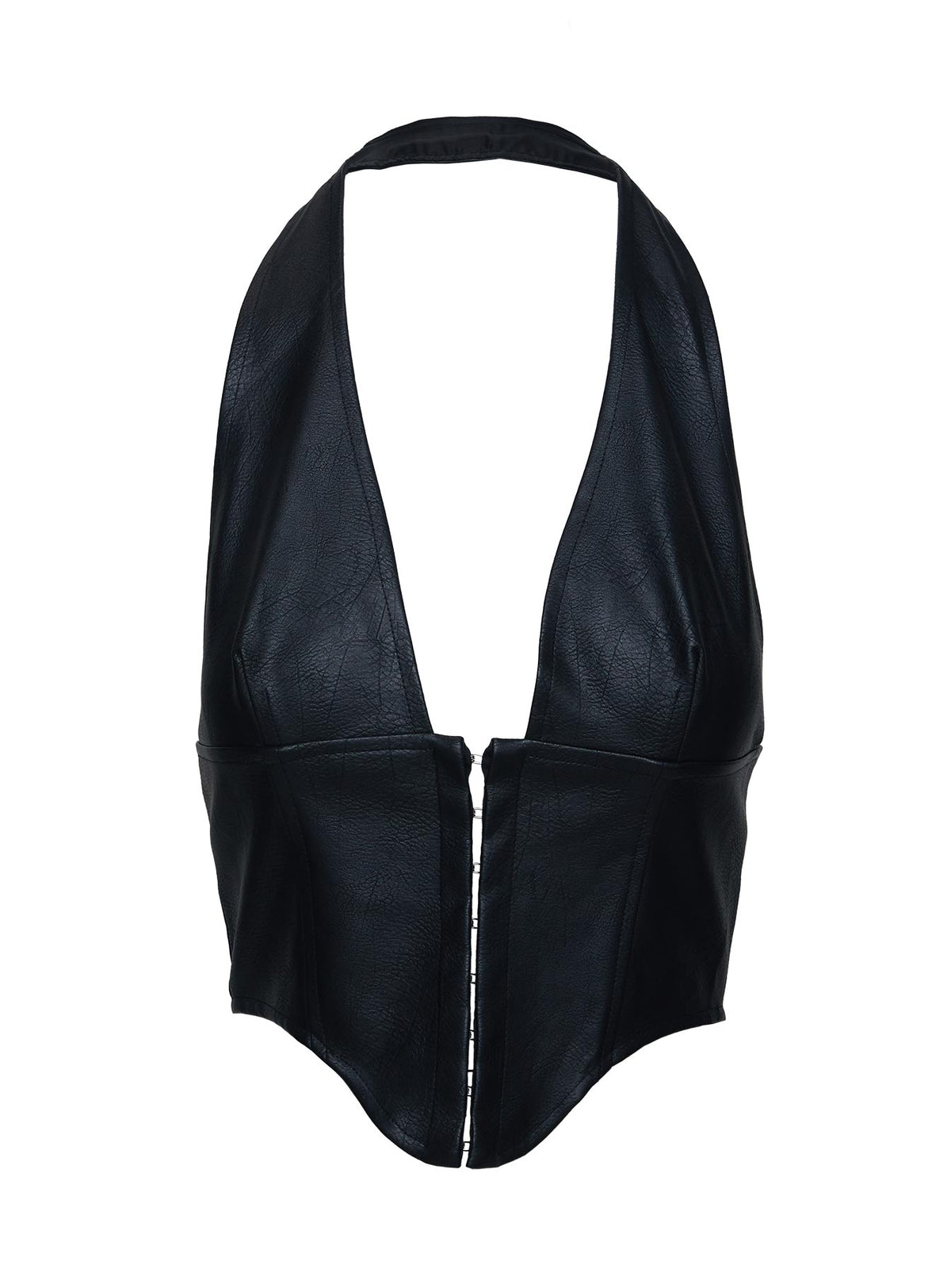back view of model wearing Princess Polly Fioralba Halter Top Black Sleeveless Plunger 