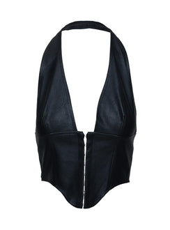back view of model wearing Princess Polly Fioralba Halter Top Black Sleeveless Plunger 