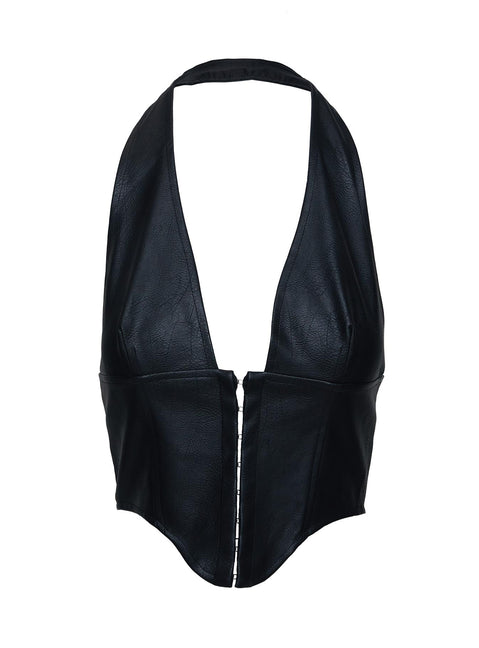 back view of model wearing Princess Polly Fioralba Halter Top Black Sleeveless Plunger 