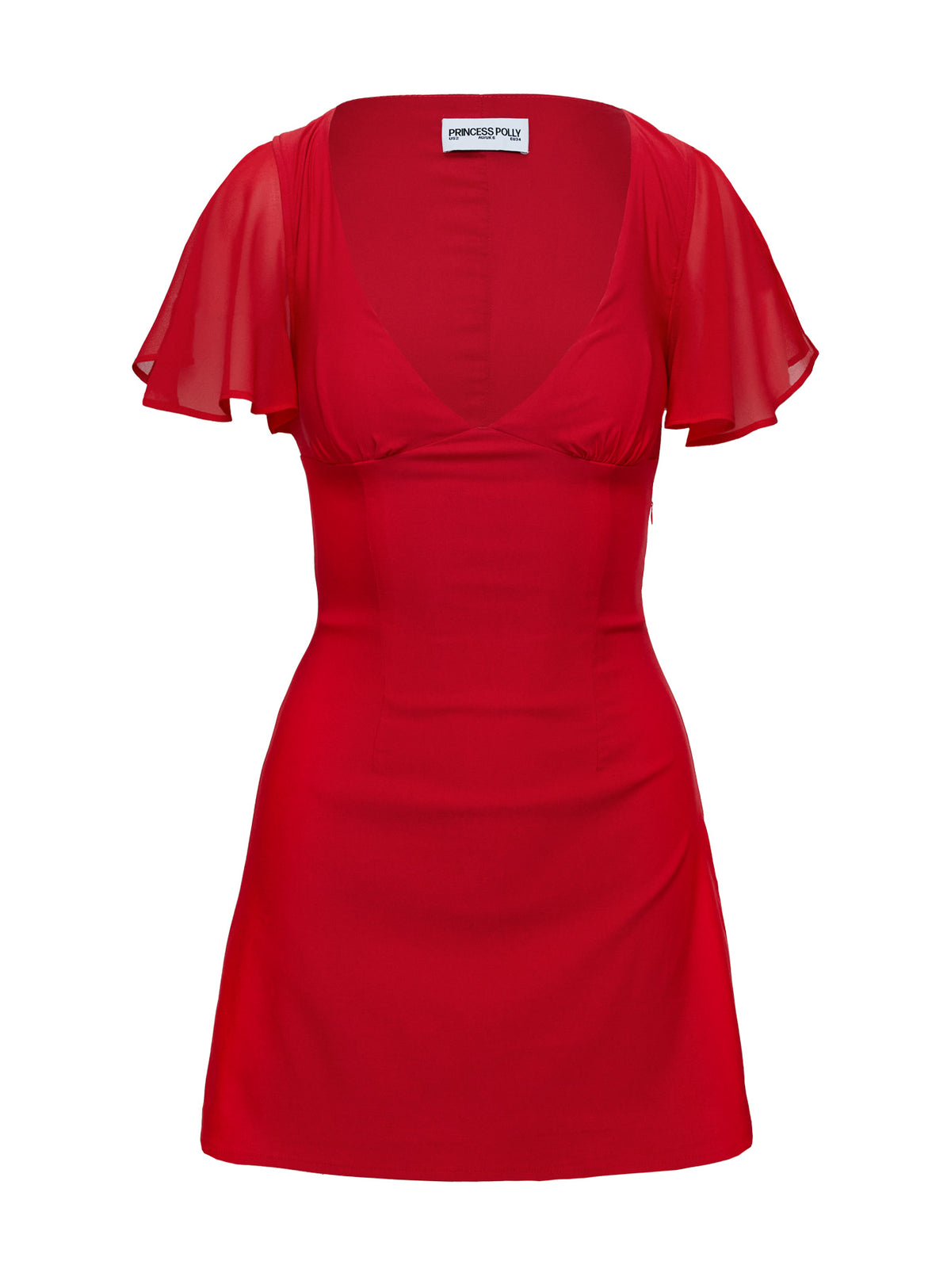 back view of model wearing Princess Polly Florie Corset Mini Dress Red Plunger 