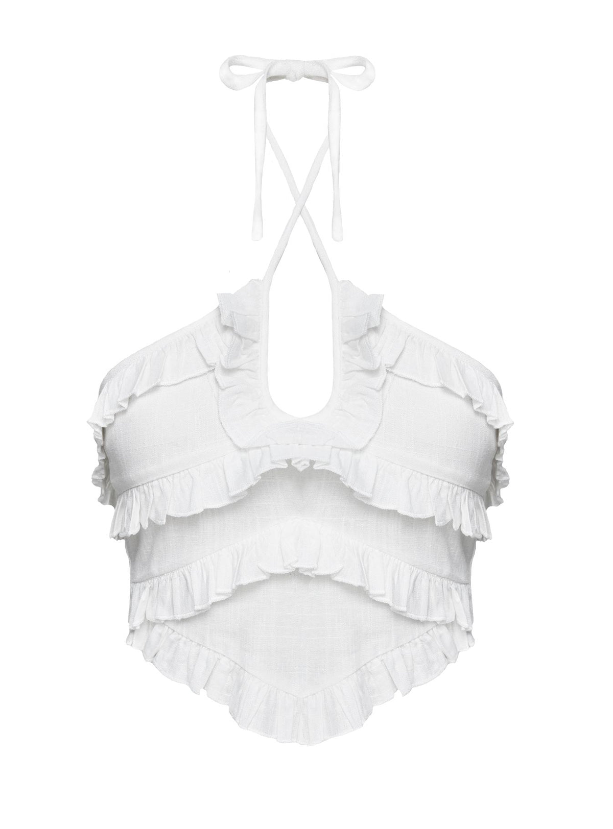 side view of model wearing Princess Polly Francesco Frill Halter Top White Sleeveless Plunger 