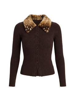 Chiqueeta Faux Fur Trim Knit Cardigan Brown cropped Jumpers 