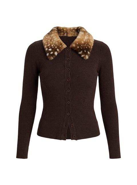 Chiqueeta Faux Fur Trim Knit Cardigan Brown cropped Jumpers 