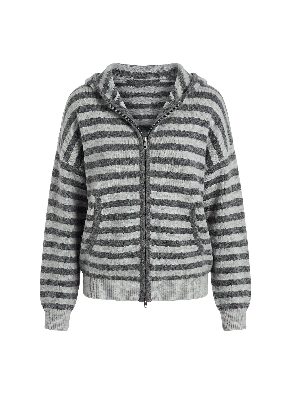 Close-up of the Aubry Oversized True Knit Hoodie in Grey Stripe, a short length womens jumper showcasing striped knit texture and zipper detail Princess Polly