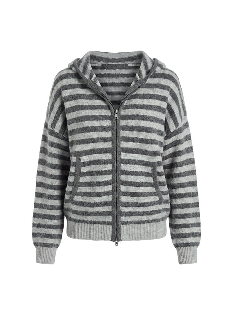 Close-up of the Aubry Oversized True Knit Hoodie in Grey Stripe, a short length womens jumper showcasing striped knit texture and zipper detail Princess Polly