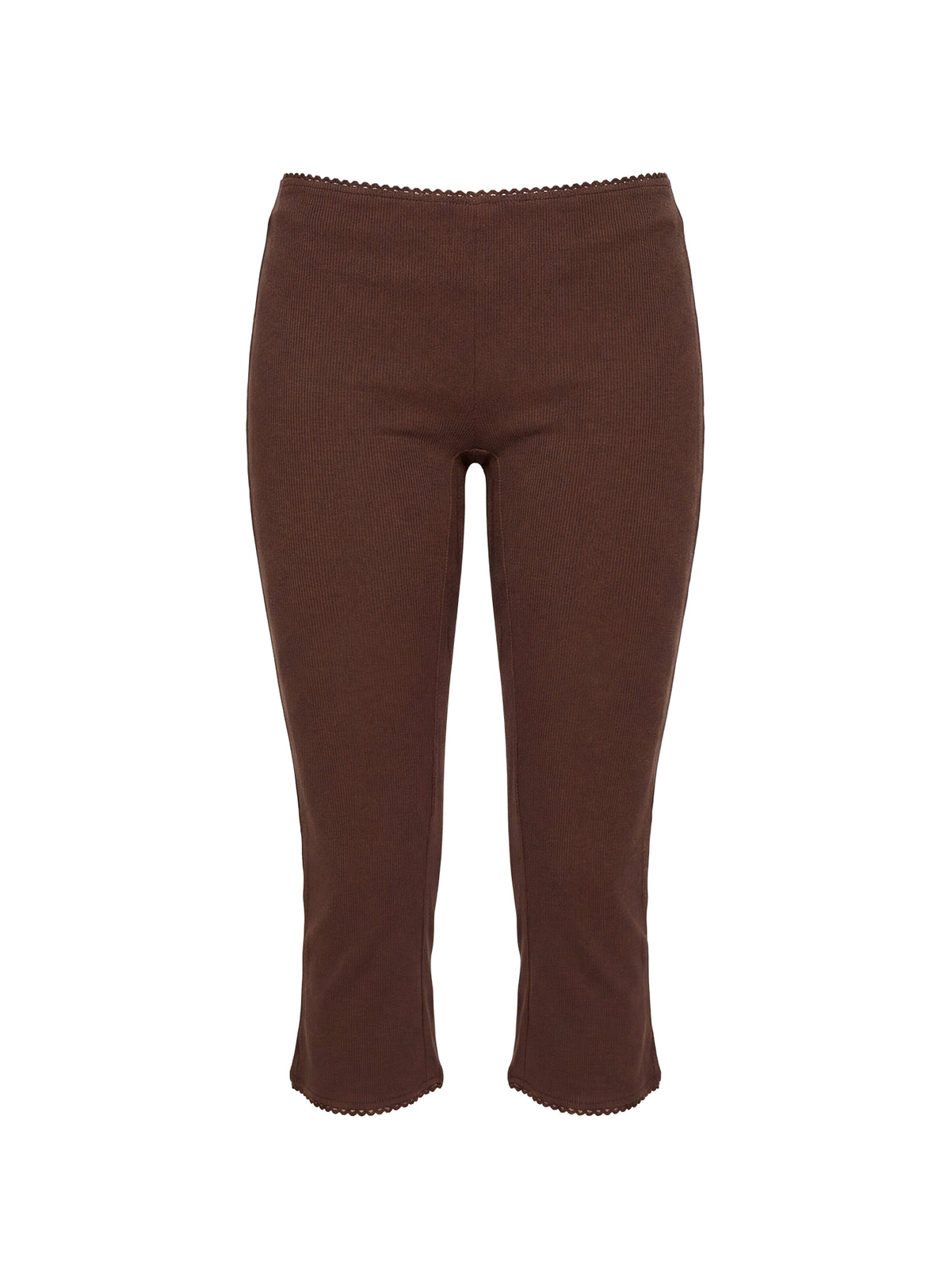 Introducing the Baseline Rib Capri Pants Chocolate in womens-regular-pants with high-rise detail view of model wearing