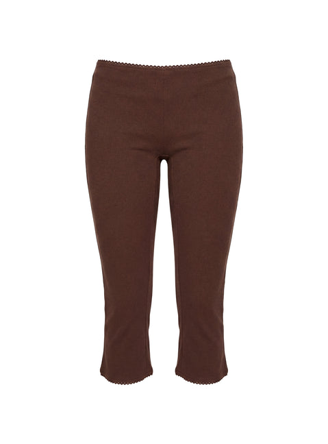 Introducing the Baseline Rib Capri Pants Chocolate in womens-regular-pants with high-rise detail view of model wearing