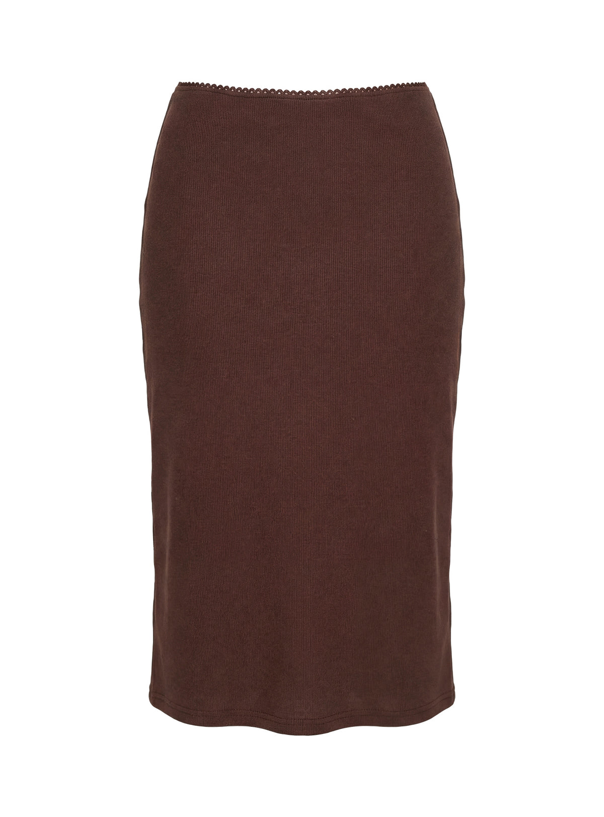 back view of model wearing Princess Polly Baseline Rib Midi Skirt Chocolate Midi Skirts Skirts 
