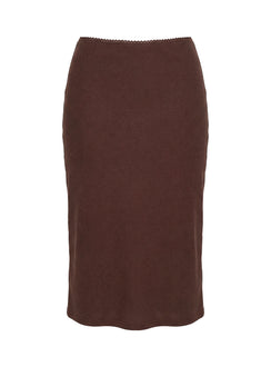 back view of model wearing Princess Polly Baseline Rib Midi Skirt Chocolate Midi Skirts Skirts 